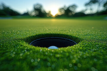 Golf ball near the hole at sunrise: close-up on a dewy green golf course