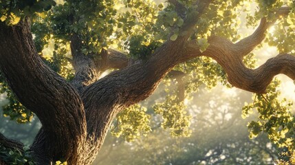 old oak tree foliage in morning light with sunlight