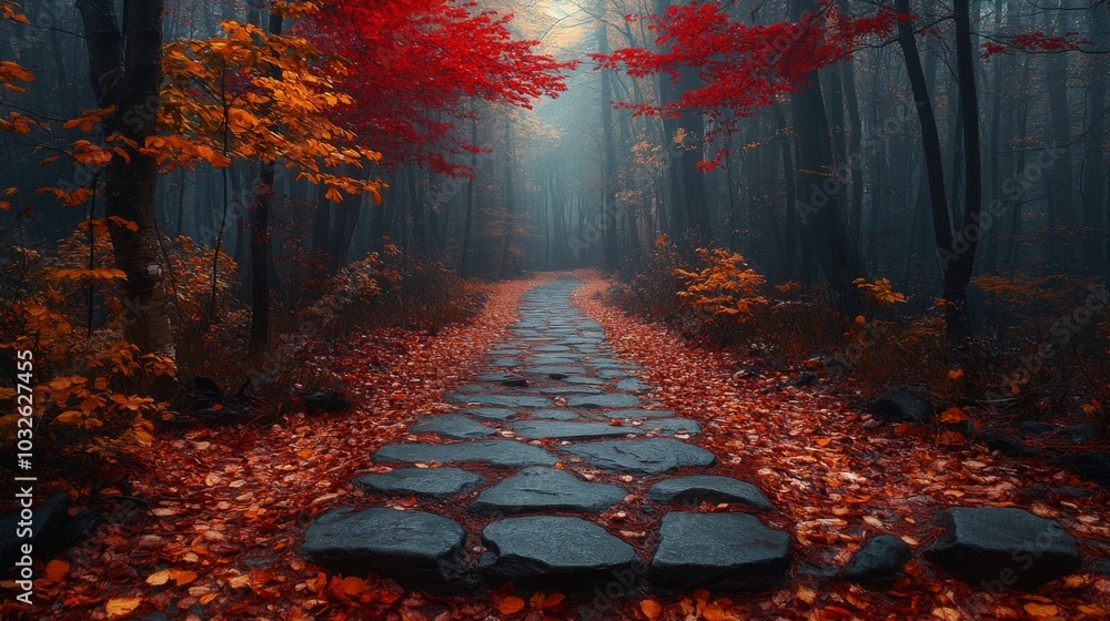 Poster A tranquil stone path winds through a foggy forest, surrounded by trees adorned with bright red and orange leaves as the sun begins to rise, creating a peaceful atmosphere.
