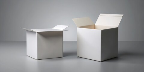 Elegant White Cardboard Boxes on Minimalist Grey Surface - Clean, Crisp Packaging Design Concept for Luxury Brands, Copy Space - Macro View