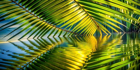 Emerald Elegance Close-Up Symmetry of Vibrant Palm Frond Reflecting in Rippled Water, Calm Serenity with Lush Green Tones, Minimalist Natural Beauty for Decor and Editorial Use