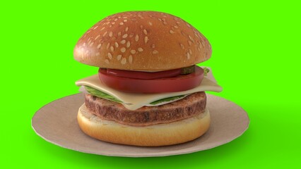 Cheese burger on plate with green background