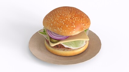 Cheeseburger on plate with white background