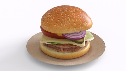 Cheeseburger on plate with white background