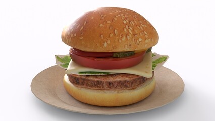 Cheeseburger on plate with white background