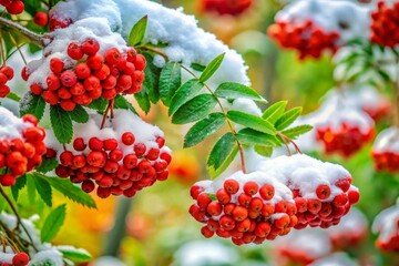 Snow-Covered Mountain Ash with Red Berries and Green Leaves