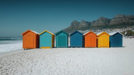 Colorful beach huts along a sandy shore.