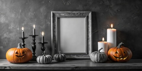 Ethereal Halloween Elegance Symmetrical Still Life with Candlelit Pumpkins and Empty Frame on Dark Gray Surface - Mystical and Inviting