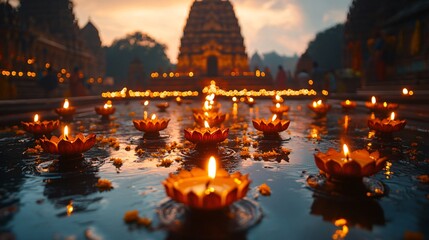 Indian temple with diyas and lights for Diwali