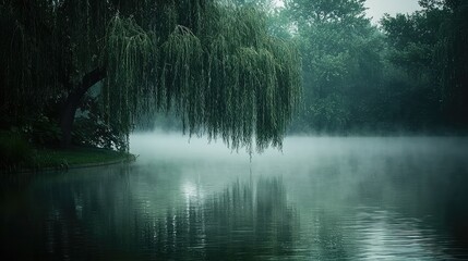 Tranquil Pond Enveloped in Dense Morning Fog