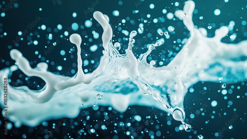 Poster dynamic splashes of milk against a vibrant blue backdrop, capturing the essence of motion and fluidi