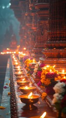 Obraz premium Indian temple with diyas and lights for Diwali