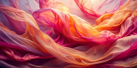 Fototapeta premium Fluid Elegance Abstract Close-Up of Flowing Translucent Fabric in Vibrant Pink, Orange, and Yellow Tones - Soft Light Studio Setting, Dreamy and Ethereal Mood