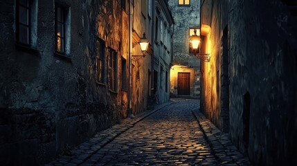Obraz premium Shadowy Alleyway in an Old European City at Night