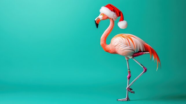 Flamingo standing in Santa hat on teal background, Christmas greeting