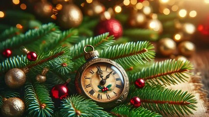 Vintage clock hanging on Christmas tree branches, symbolizing the countdown to the new year
