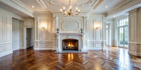 Luxurious Grand Room with Ornate Fireplace, Warm Glow, and Elaborate Details - Opulent Home Interior Design Concept for Luxury Living and Elegant Decor