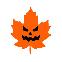 jack o lantern on a maple leaf. Funny minimalistic flat vector style illustration. Party invitation, sticker, autumn symbol, seasonal motif.