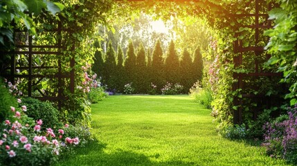 Naklejka premium Sunlight filters through a vine covered trellis revealing a vibrant garden full of blossoms