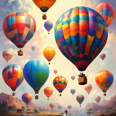 Fototapeta premium Illustration of hot air balloon with amazing landscape.