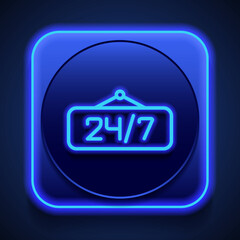 24h hours a day and 7 days a week icon, vector. Flat design. Blue neon style on button. With shadow