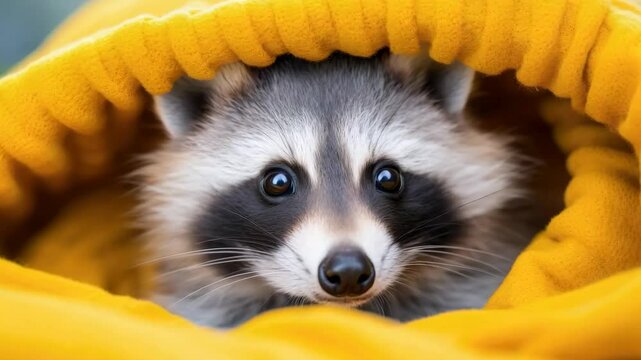 Cheerful cute racoon warming under yellow blanket. Forest animal character with funny face in bed at home. Exotic domestic pet concept. Cozy warm autumn. Comfort living, heating season