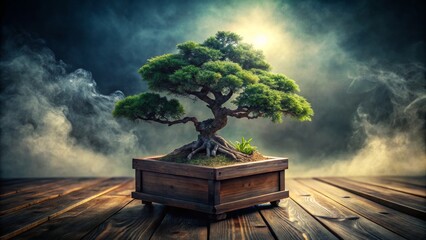 Enchanted Bonsai Tree on Wooden Table in Nature Scene