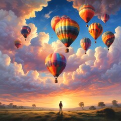 Obraz premium Illustration of hot air balloon with amazing landscape.