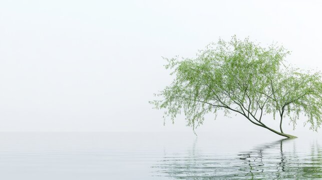 The calm waters mirror a willow tree bending over a peaceful pond in the soft morning light