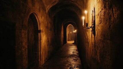 Fototapeta premium Mysterious Corridor in an Old Castle with Candlelight