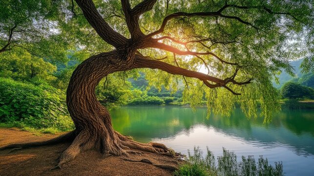 The willow tree arches elegantly casting soothing reflections on the calm ponds surface