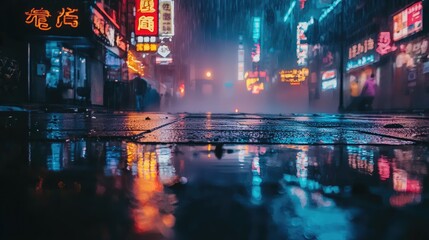 Rainy Night Reflections on a Shadowy Street