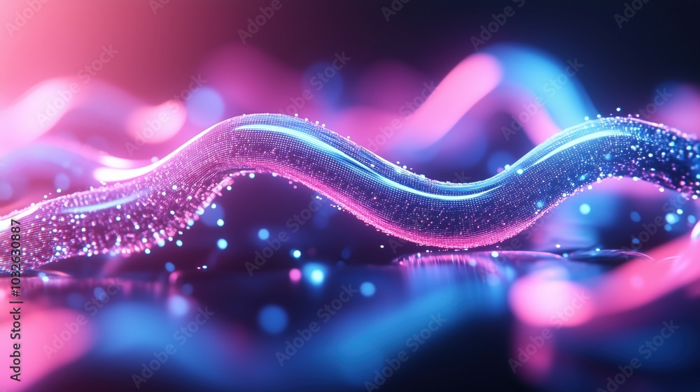 Poster vibrant abstract wave pattern with glowing lights in blue and pink hues, creating a mesmerizing visu