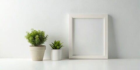 Minimalist Tranquility White Picture Frame and Potted Plants in Serene Setting, Clean Aesthetic for Interior Design Inspiration Stock Photo