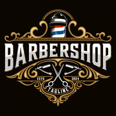 Barbershop logo. Illustration of razor tool with barbers pole vintage style perfect for barber or hair salon.	