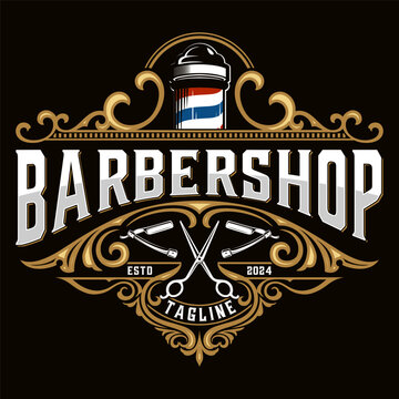 Barbershop logo. Illustration of razor tool with barbers pole vintage style perfect for barber or hair salon.	