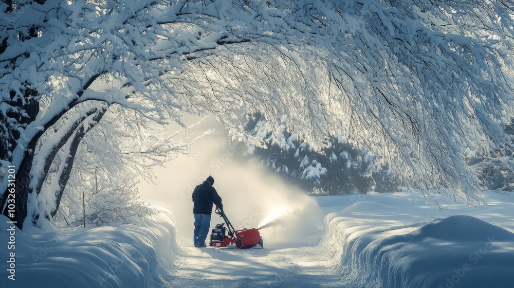Aufkleber a person operates a snowblower, clearing a snow-covered path surrounded by tall, snow-laden trees. t