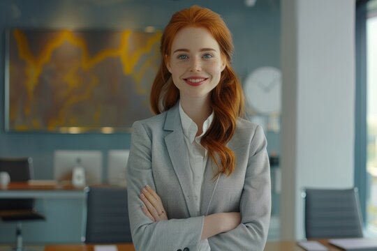 Young redhead businesswoman smiling at camera in office.