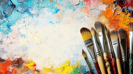 Obraz premium Blank canvas surrounded by paintbrushes and paints 