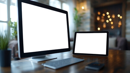 Fototapeta premium A modern workspace featuring multiple computer screens with blank displays, ready for productivity. Mockup, mock-up