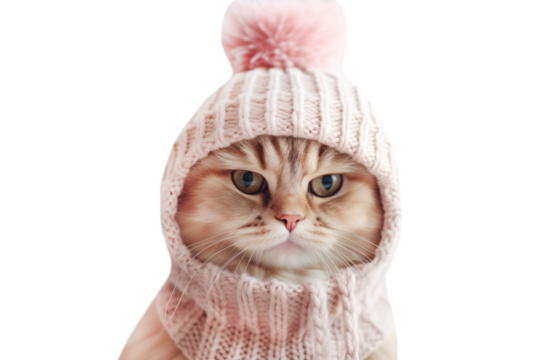Cute cat in a knitted hat isolated on a transparent background.