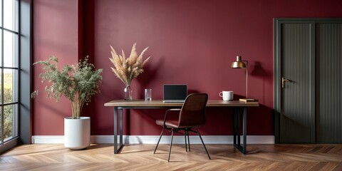 Modern Minimalist Home Office Workspace with Red Wall, Interior Design Inspiration for Stylish Productivity, Warm Contemporary Setting