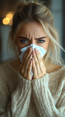 Young woman wearing a mask, expressing emotions while feeling unwell in a cozy indoor setting.