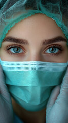Serious portrait of a female healthcare professional in a protective mask, representing dedication and emotional connection in modern healthcare.