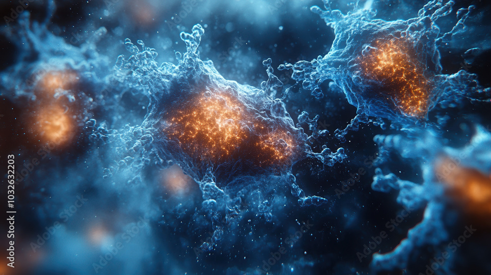 Poster abstract cosmic background with glowing orbs and colorful particles creating a mesmerizing deep spac