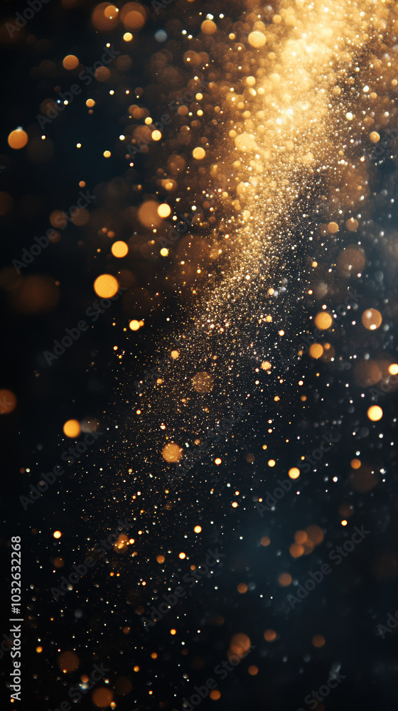 Poster golden particles swirling in an abstract background, creating a dynamic and enchanting visual effect