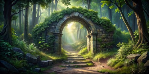 Mystical Stone Archway Enveloped in Nature's Embrace - Enchanting Forest Passage Leading to Secrets of the Past