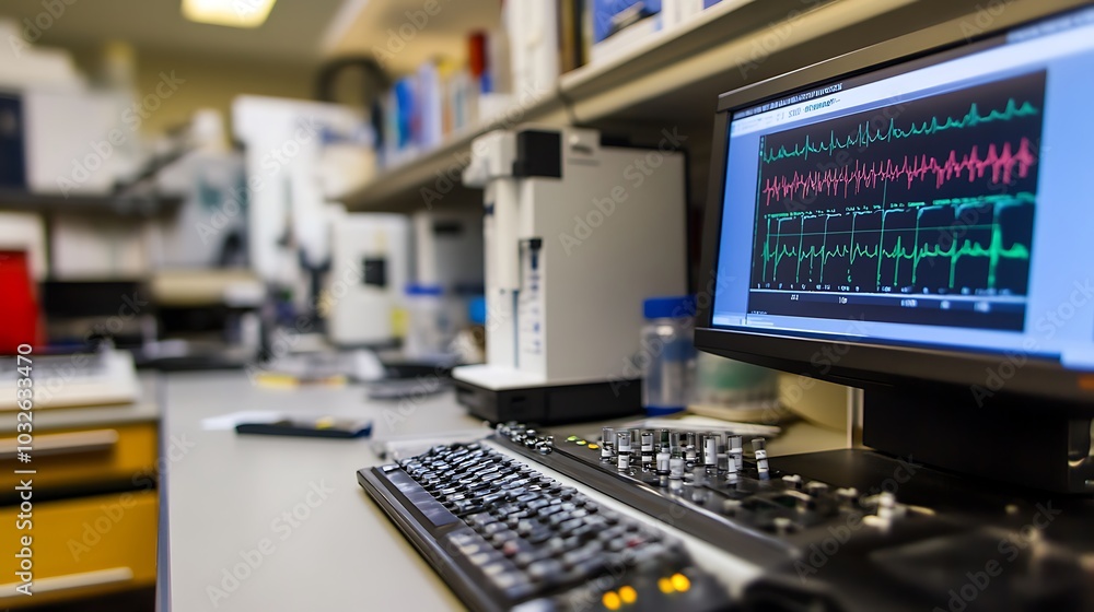 Poster a high-tech genetics lab using digital tools for genome sequencing and analysis of genetic disorders