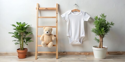 Serene Innocence Minimalist Baby Onesie on Wooden Hanger in Airy Space with Teddy Bear, Plants, and Ladder - Tranquil Nursery Decor Concept