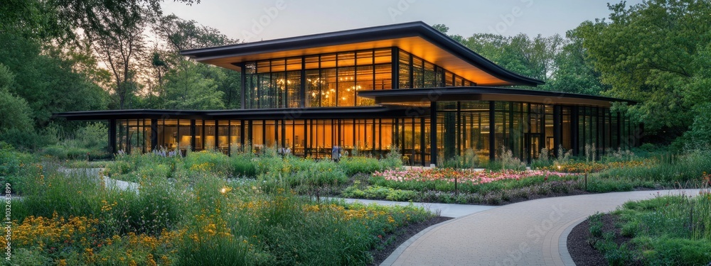 Poster modern architecture building with large windows and green garden surrounding the building.